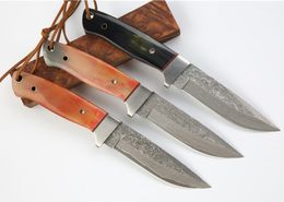 Damascuss Survival Straight Hunting Knife VG10 Damascus Steel Drop Point Blades Cow Horn Handle Fixed Blade Knives With Leather Sheath