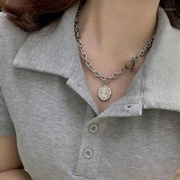 thick silver choker UK - Chains Punk Stainless Steel Necklace Coin Pendant Thick Chain Silver Color Women Jewelry Double Layer Choker Necklaces