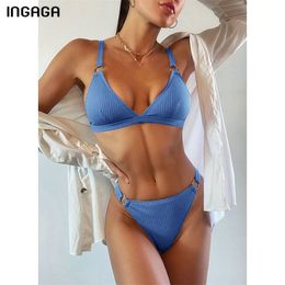 INGAGA Ribbed Bikinis High Leg Swimwear Women's Swimsuits Push Up Biquini Sexy Solid Bathing Suit Summer Ring Bikini Set 210621