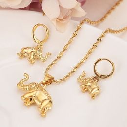 Solid fine Gold G/F cute Elephant Necklace earrings Trendy women Men Charm Pendant Chain Animal Lucky Jewelry sets
