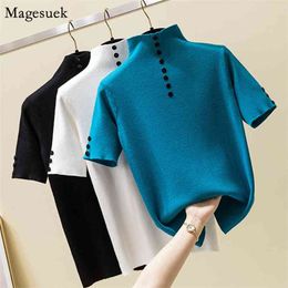 Fashion Summer Short Sleeve Knitted T-Shirt Women Turtleneck Slim Solid Tee Shirt Femme Button Casual Woman T-shirts Tops 13374 210512