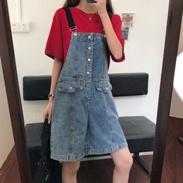 SML Summer korean preppy style Jumpsuit Denim Overalls Casual Girls vintage Wide Leg Jeans Shorts womens (78151) 210423