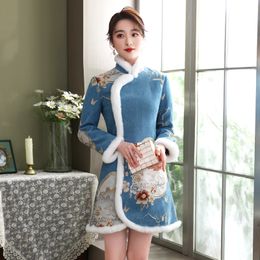 Ethnic Clothing Winter Asian costume Women's Chinese Improved Tang Suit Hanfu oriental elegant cheongsam style Top blue gray outfit