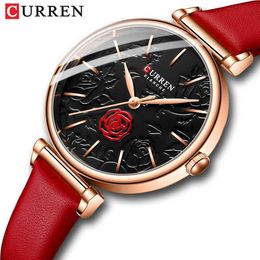 Curren Red Watches for Women Charming Flowers Dial Quartz Wristwatch for Dress Style Ladies Leather Clock Q0524