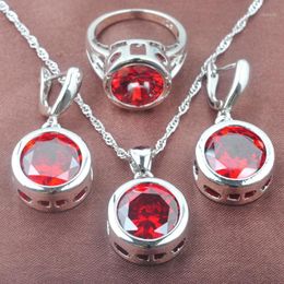 Earrings & Necklace Women's Silver Color Jewelry Sets Round Red Zirconia Wedding Ring And Set Party Gift 2021 TZ0145