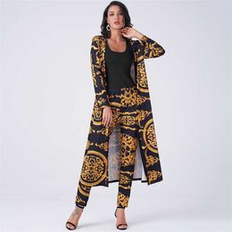 Summer Women 2 Pieces Set Vintage Palazoo Print High Waist Elastic Pants Long Sleeve Open Front Coat Homewear Business Suit 210930