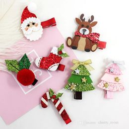 Children Santa Hair clip cute cartoon elk Snowman Barrettes Kids christmas headwear lovely baby girls Xmas trees pompon head accessories D190