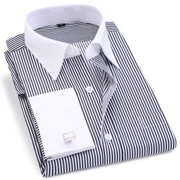 French Cuff Dress Long Sleeve Shirt For Men Stripe Twill Regular Fit Business Work Formal Wedding Male Shirt Has Metal Cufflinks 210708