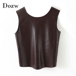 Fashion PU Faux Leather Top Women Sexy Hollow Out Summer Brown Tank Streetwear Ladies O Neck Sleevelees Short s 210515