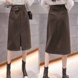 High Waist Slim Mid-length Fashion Woolen H-line Skirt Female Side Slit Single Breaste Hip Woman Faldas 12132 210508