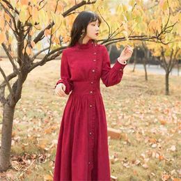 Red Evening Party Women Dress Maxi Elegant Cotton Corduroy Vintage Long Spring Full Sleeve Ankle-Length 210603