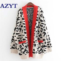 Open Stitch Leopard Casual Cardigan Fashion Long Sweater and Red Yellow Oversized Knit Jacket Out Coat 211011