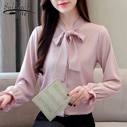 Fashion Womens Top And Blouses Long Sleeve Chiffon Shirt Solid Bow Collar Office Women Shirts Clothes 1544 45 210508
