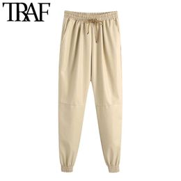 TRAF Women Fashion Faux Leather Jogging Pants Vintage High Elastic Waist Drawstring Female Ankle Trousers Mujer 210415