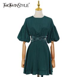 Green Lace Up Bowknot Dress For Women O Neck Lantern Short Sleeve High Waist Hollow Out Mini Dresses Female Fashion 210520
