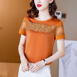 Vintage Women's Shirt Lace Patchwork Blouse for Women Hollow Out Satin O-neck Top Female Woman Basic s OL 210604