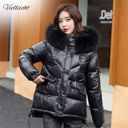 Vielleicht Women Winter Hooded Thick Short Jacket Solid Casual Glossy Warm Cotton Padded Parkas Fur Collar Coat 211013