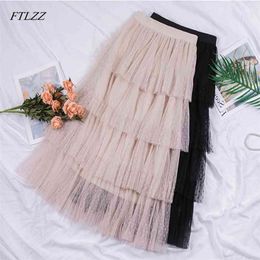 Women Sweet Ruffle Tulle Skirt High Waist Elegant Vintage Pleated ins s Candy Cakee Layered Maxi Long 210430