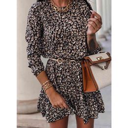 Women Loose Ruffles Floral Print Dress Spring Casual Round Collar Long Sleeve Office Ladies Mini Dress Party Vestidos 210416