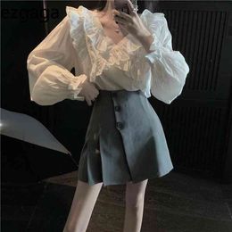 Ezgaga Elegant Blouse Women Korean Fashion V-Neck Long Sleeve Solid Ruffled Loose Chic Sweet All-Match Ladies White Shirts 210430
