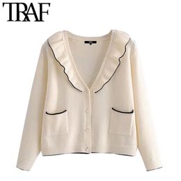 Women Sweet Fashion Ruffled Cropped Knitted Cardigan Sweater Vintage Long Sleeve Pocket Female Outerwear Chic Tops 210507