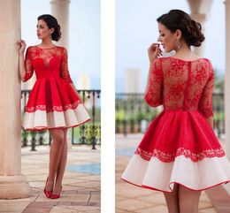 short cocktail dresses red half sleeves homecoming dresses full lace sheer jewel neck evening party dresses see through back BA0606