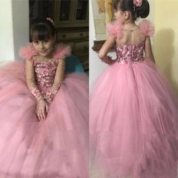 Flower Girl Dresses For Weddings Ball Gown Tulle Lace Beaded Bow Long First Communion