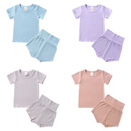 Solid Colour Kids Pyjamas Suit Summer Skin-friendly Children Sleepwear Set Cotton Short Sleeve Pajamas+Short Sleep Pants 210915
