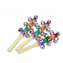 Wooden Stick style partys Jingle Bells Rainbow Hand Shake Sound Bell Rattles Baby Educational Toy 18cm