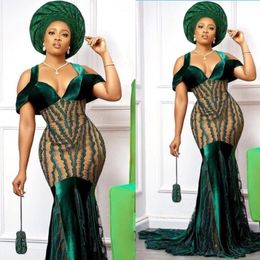 Elegant Green Velvet Prom Dresses Women Mermaid Aso Ebi Evening Gowns Sweep Floor Custom Made Formal Party Dress