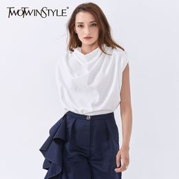 TWOWINSYLE White Shirt For Women urtleneck Sleeveless Cotton Loose Large Size Shirts Female Fashion Clothing ide 210524