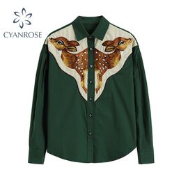 Vintage Animal Embroidery Patchwork Long Sleeve Blouse For Women Selling Turn-Down Collar Button Causal Shirt Female 210515