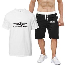 Men's Tracksuits Summer Aeroflot Aviation Russe Pilote Aerospace Aviateur Printing 2-piece T-shirt Short-sleeved Suit Sportswear Sport Pant