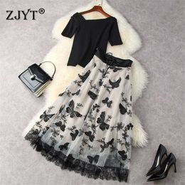 Fashion Summer 2 Piece Dress Set Women Designers Knitted Top and Embroidery Mesh Skirts Suit Party Sexy Outfits 210601