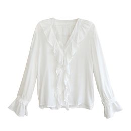 Women White Black Ruffle V Neck Long Sleeve Puff Solid Top Shirt Blouse High Street B0206 210514