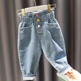 Kids Pants Autumn New Boys And Girls Korean Mid-Waist Lace Elastic Waist Three-Color Pocket Casual Button Jeans 210317