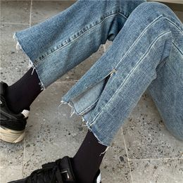 High waist split jeans female small Korean version of the wild thin big size fat sister casual straight cigarette pants trend 210412