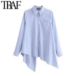 TRAF Women Fashion Pockets Striped Irregular Blouses Vintage Lapel Collar Long Sleeve Female Shirts Blusas Chic Tops 210415