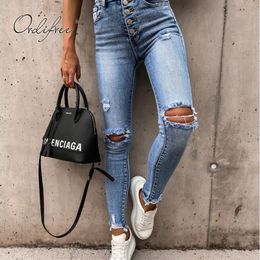 Summer Streetwear Women High Waist Denim Pencil Pants Hole Ripped Skinny Jeans 210415