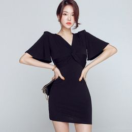 LLZACOOSH Korean Women Summer Bodycon Mini Party Dress Sexy V Neck Fashion Solid Flare Sleeve Sheath Dresses 210514