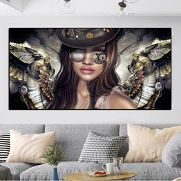 Canvas Painting Steampunk Angels With Glasses Sexy Women Girl Portrait Posters And Prints Wall Pictures For Living Room Decor