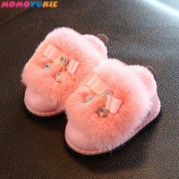 Butterfly-knot for girls snow boots winter warm Flat with round toe zip kids shoes baby beige black boot size red pink plush 210713