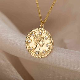 Vintage Zircon Coin Necklace For Women Stainless Steel Elizabeth Medallion Pendant Toggle Necklace Long Choker Jewelry Collier G1206