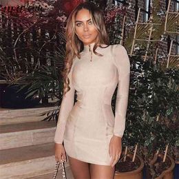 Free Women Bodycon Bandage Dress Sexy Zipper Stand Collar Long Sleeve Mini Celebrity Club Party Vestidos 210524