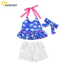 1-5Y Toddler Baby Kid Girls Dinosaur Clothes Set Summer Ruffles Vest Tops Pu Denim Shorts Outfits Child Costumes 210515