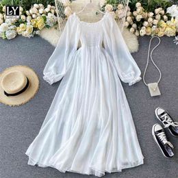 LY VAREY LIN Autumn Women Elegant Holiday Dresses Puff Sleeve Slash Neck Off Shoulder Smocked White Chiffon Dresses 210806