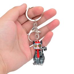 Cute Cartoon Acrylic Keychains Creative Tie Cat Animal Key Chain Jewelry For Women Kids Girls Gift Car Accessory