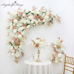 Artificial Flower Arrangement Set Gold Leaf Wedding Arch Backdrop Decor Corner Triangle Flower Runner Wall Flower Row Customized 211108