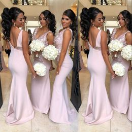 2021 Sexy V Neck Mermaid Bridesmaid Dresses Light Pink Maid of the Honor Wedding Guest Dress Flowers One Shoulder Open Back Bridesmaids Gowns