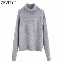 Zevity Women Fashion Turtleneck Grey Knitting Sweater Femme Chic Man Made Diamond Tassel Decoration Pullovers Casual Tops S494 210603